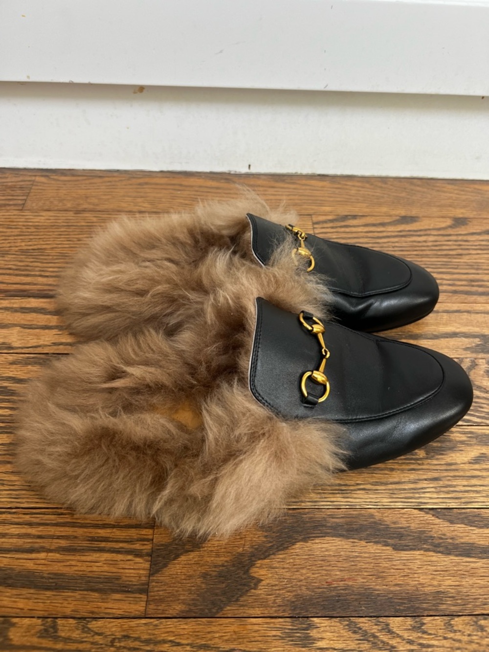 Gucci Black Leather Fur-Lined Loafers with Gold Horsebit Princetown Mule